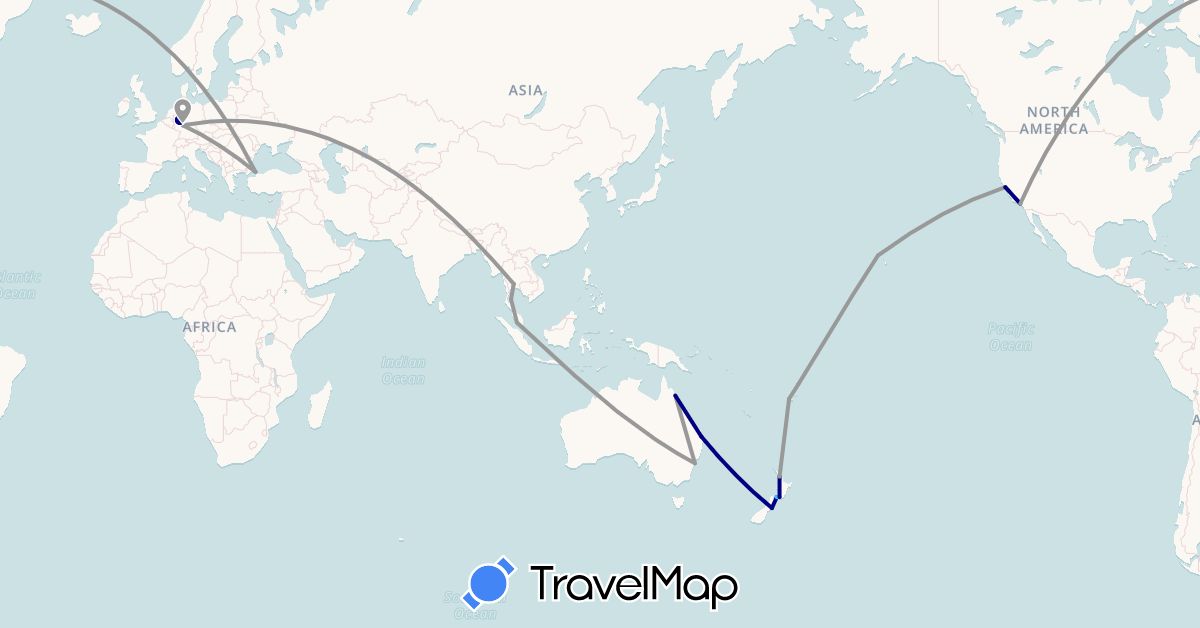 TravelMap itinerary: driving, plane, boat in Australia, Germany, Fiji, Malaysia, New Zealand, Thailand, Turkey, United States (Asia, Europe, North America, Oceania)